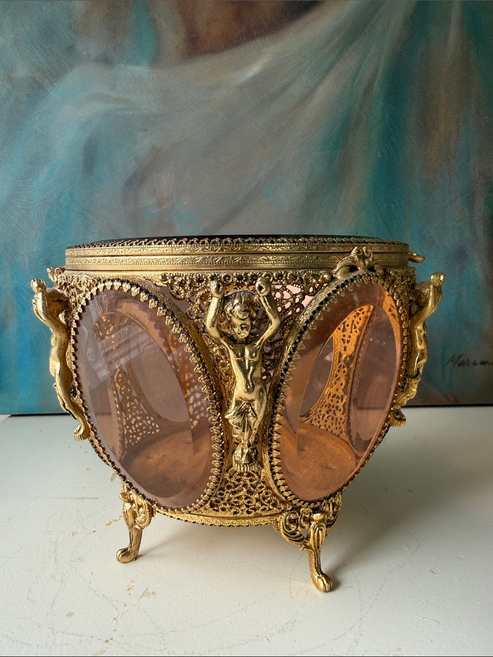 Vintage French Amber Glass Cherub Ormolu Footed Jewelry Casket Box - 6 Panels